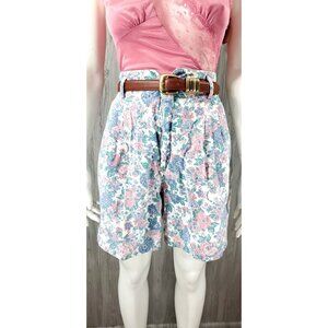 Vintage High Waist Denim Short Bermuda Floral Pleat Front Shabby Chic 90s Y2K